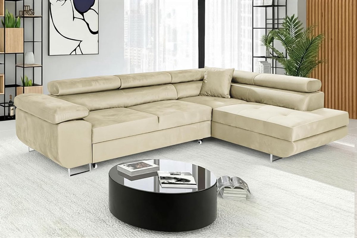 Hoekbank met Slaapfunctie en Opbergruimte – Luxe L-Vormige 3-Zits Slaapbank met Bedlade & Verstelbare Hoofdsteunen – Comfortabele Fluwelen Bank voor Woonkamer (Beige, Ottomane Rechts) – Ganeey