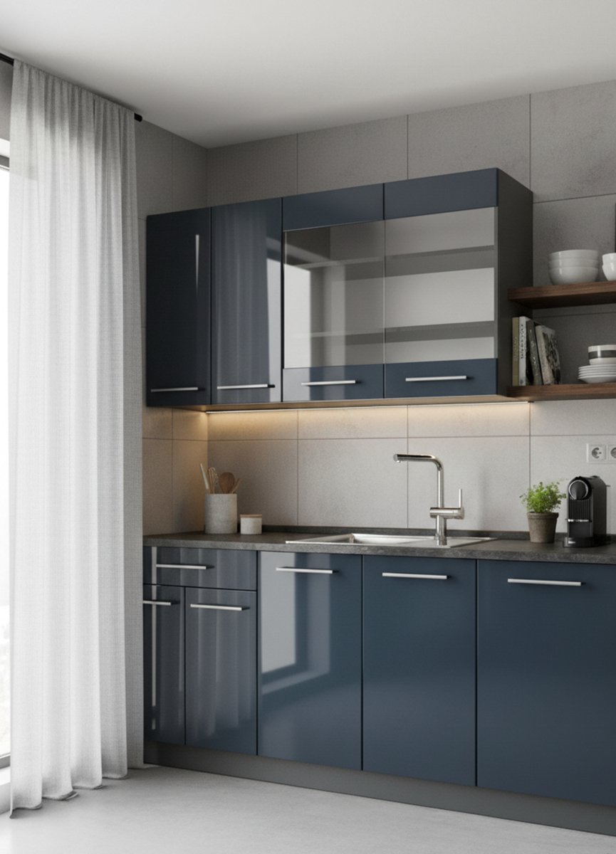 Enkele keuken 140x60x82 cm, donkerblauw hoogglans / antraciet, moderne compacte keuken met werkblad, soft-close laden en MDF-fronten – Novihome