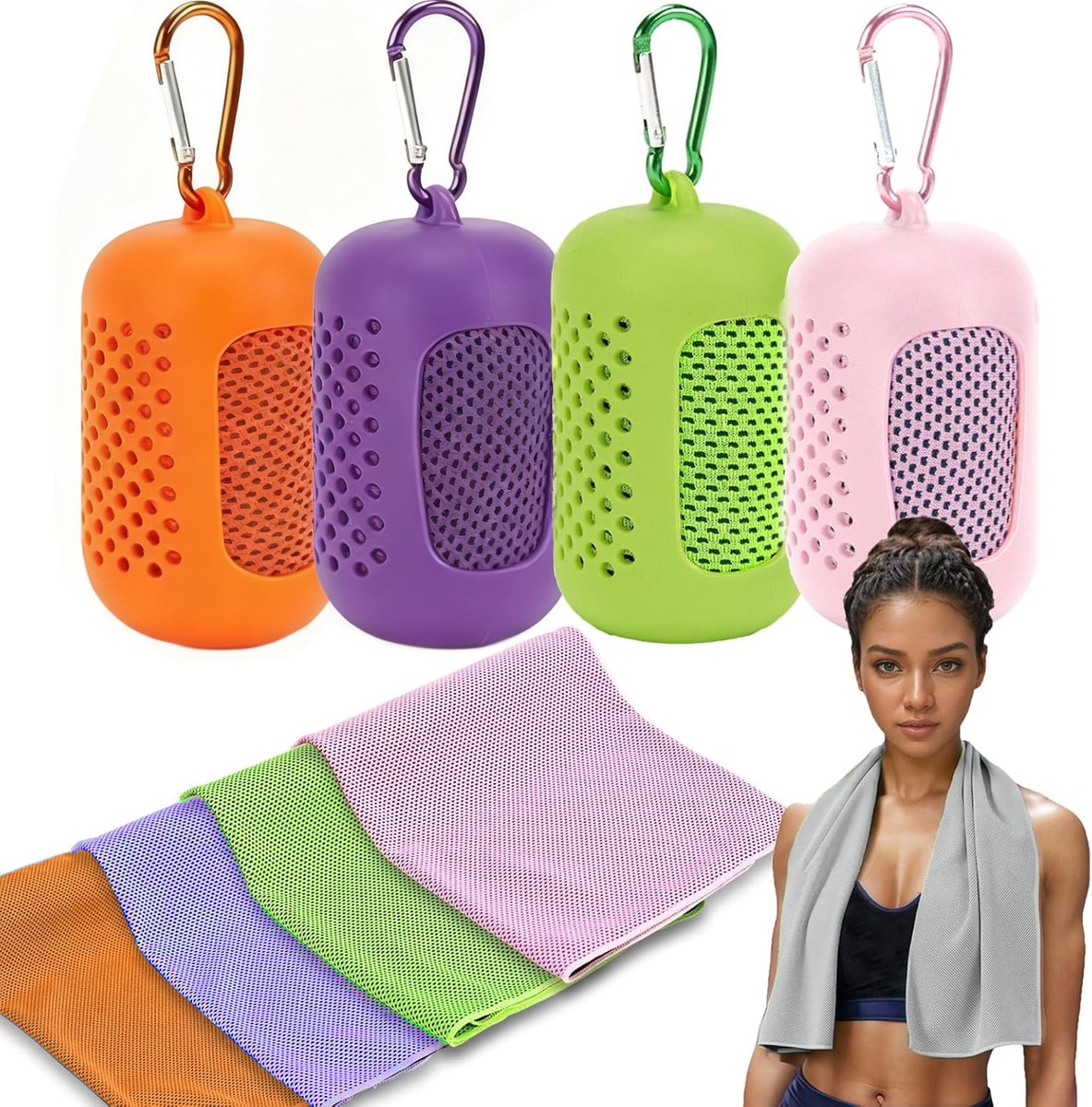Namajunas - Sport handdoek - Fitness handdoek - Yoga handdoek - Set van 4 koeldoeken - met Draagbare Siliconen Hoezen voor Gemakkelijk Transport - Reishanddoek - Microvezel handdoek - Zacht Snel Droog