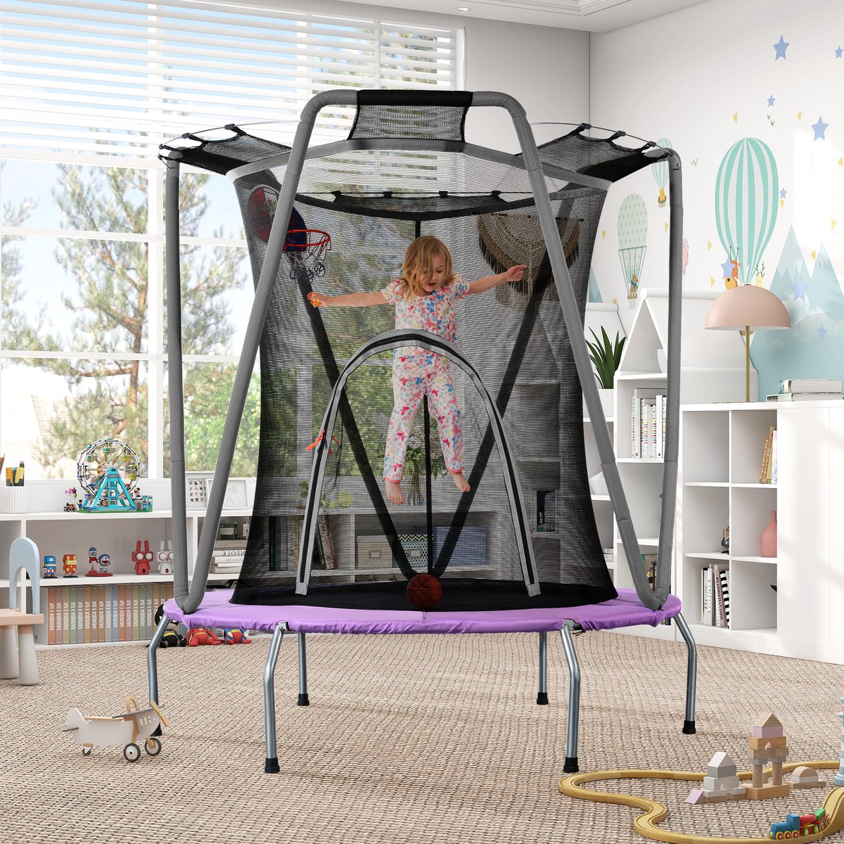 Veilige Trampoline 157 cm, Met Basketball en Veiligheidsnet, Versterkt Stalen Frame, Buitenspeelgoed voor Kinderen, Lila Grijs Design