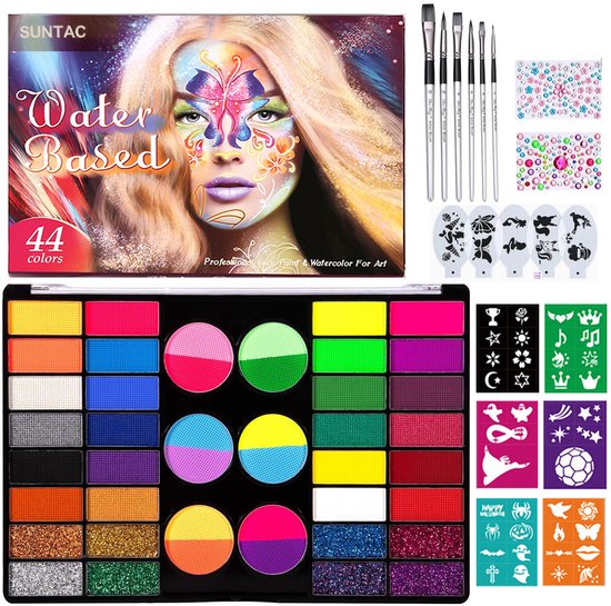 44 Kleuren Schmink- Schminkset voor Kinderen – Waterbasis Schmink met 10 Penselen, 6 Sjablonen & 5 Sjablonen& 2 diamantstickers- Complete Face Paint Set voor Halloween, Carnaval en Feesten – Veilig en Niet-Giftig