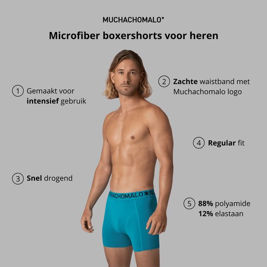 Man met blond haar draagt een turquoise Muchachomalo microfiber boxershort met logo op de band. Eigenschappen: zachte tailleband, regular fit, snel drogend.