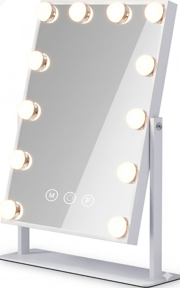 Prestara Hollywood Make-upspiegel – 10x Vergroting – 3 Lichtstanden – Touchscreen – 360° Draaibaar – 30x41cm – Wit