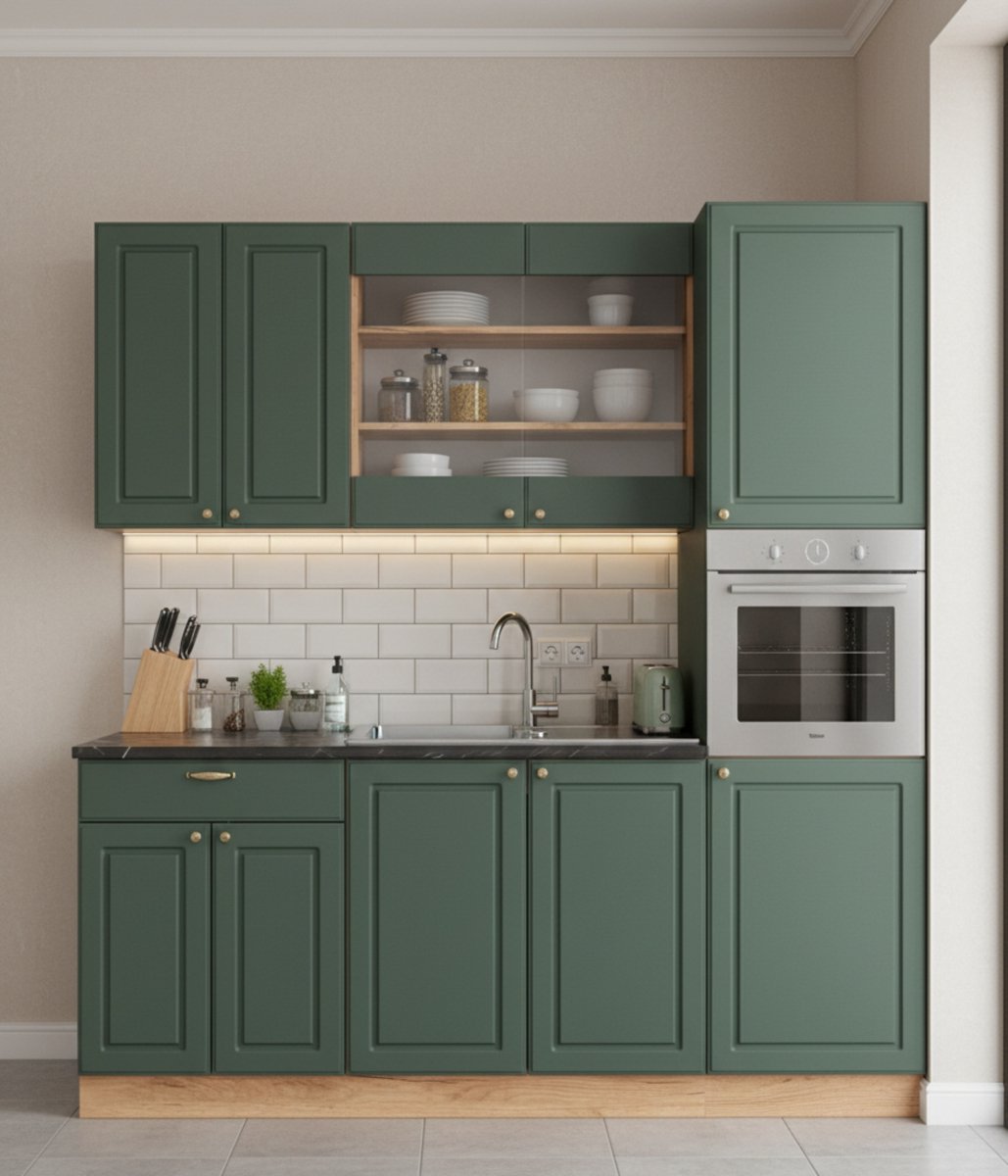 Keukenblok 140x60x82 cm – Luxe Single Keuken “RoyalLine” – Groen Goud Landhuis / Goldkraft Eiken – Moderne Mini Keuken met Soft-Close Laden & MDF Fronten – Inclusief Werkblad – Compacte Inbouwkeuken – Novihome
