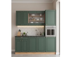 Keukenblok 140x60x82 cm – Luxe Single Keuken “RoyalLine” – Groen Goud Landhuis / Goldkraft Eiken – Moderne Mini Keuken met Soft-Close Laden & MDF Fronten – Inclusief Werkblad – Compacte Inbouwkeuken – Novihome