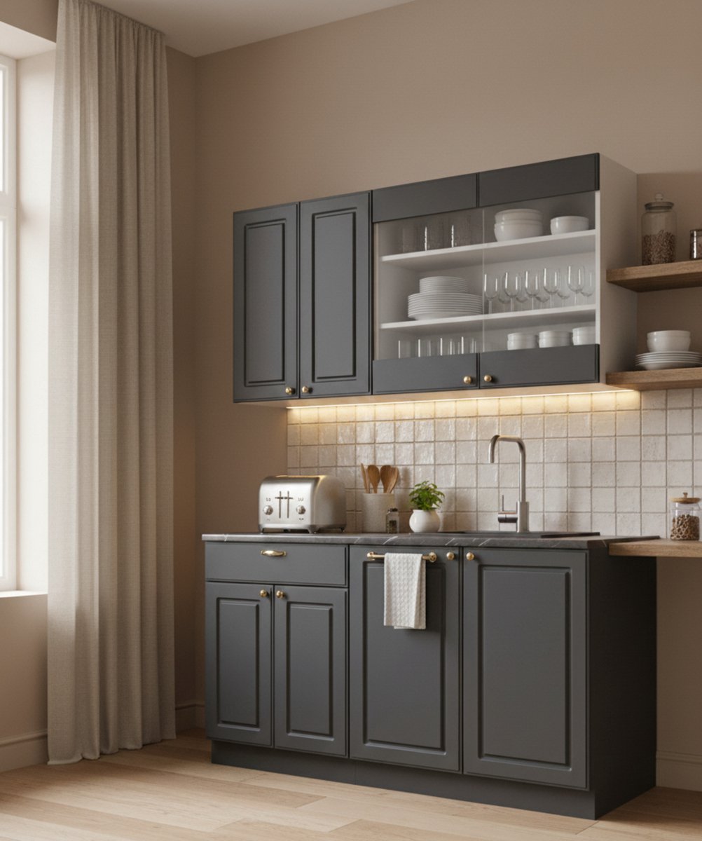 Single Keukenblok 140x60x82 cm – Moderne Antraciet-Goud / Wit Mini Keuken met Werkblad – Compacte Eenpersoonskeuken met Soft-Close Laden & Metalen Handgrepen – Novihome