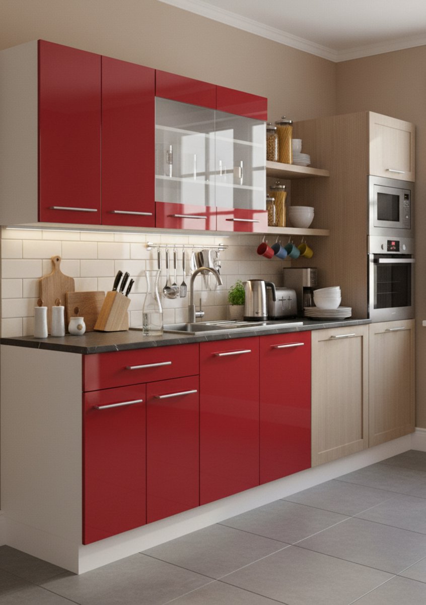 Single Keukenblok 140x60x82 cm – Moderne Bordeaux Hoogglans / Wit Mini Keuken met Werkblad – Compacte Eenpersoonskeuken met Soft-Close Laden & Metalen Handgrepen – Novihome