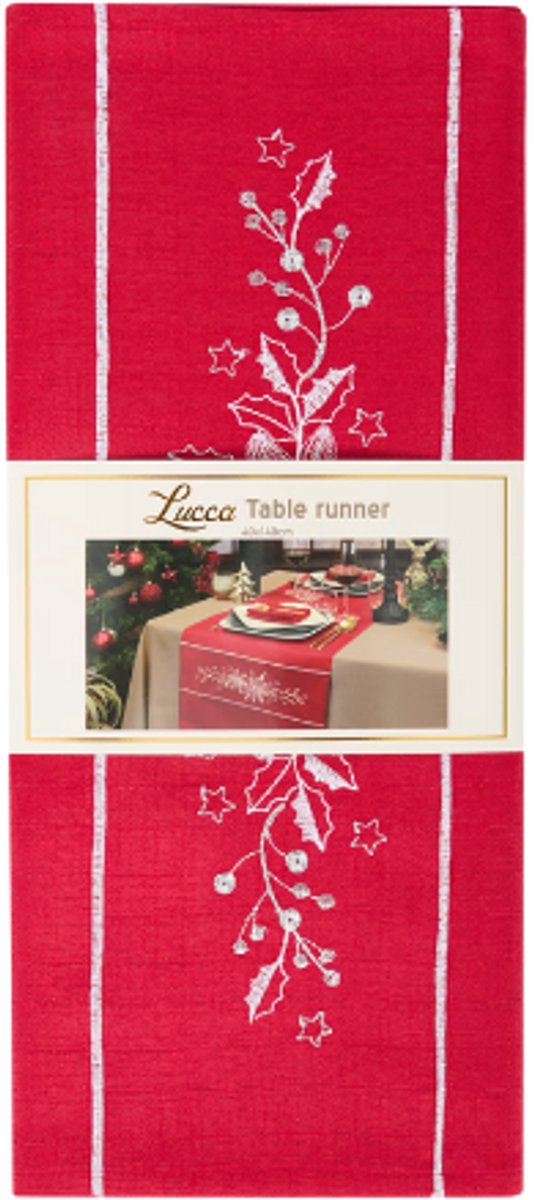 Kerst Geborduurde Tafelloper - Lucca | 40 x 140 cm - Rood en Zilver | Winter - 100% Polyester