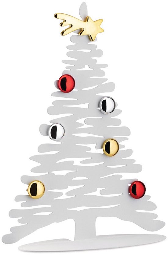 Arbre de Noël blanc en métal avec étoile dorée, boules rouges, argentées et dorées.