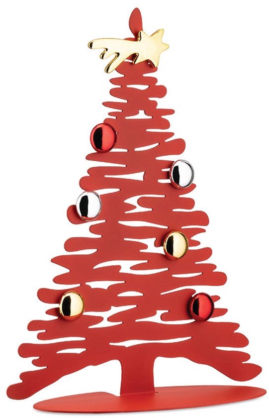 Arbre de Noël rouge en métal avec étoile dorée, boules rouges, argentées et dorées.