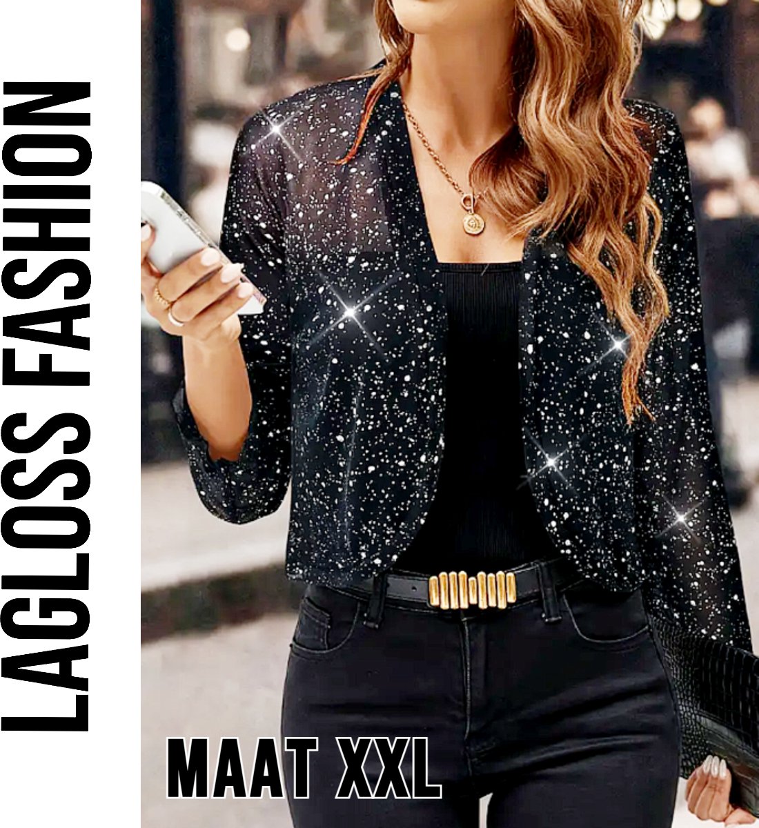 LaGloss® Feestelijk Bolerojasje met Lange Mouwen – Open Voorkant, Licht Elastisch, Perfect voor Kerst, Oud & Nieuw en Avondkleding – Maat XXL