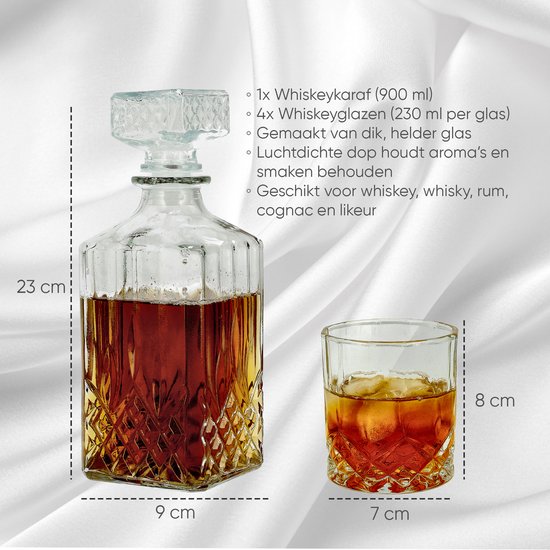 Glazen whisky karaf (23 cm hoog) gevuld met amberkleurige drank en een whiskyglas (8 cm hoog) met ijs. Afmetingen van karaf en glas worden getoond.