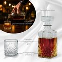 Een hand schenkt amberkleurige drank uit een karaaf van geslepen glas in een whiskyglas. De karaaf heeft een zware stop.
