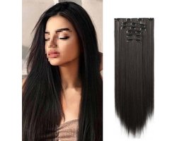 Clip-in haarstukjes set van 6 stuks, rechte nep extensions zonder zichtbare naden, 24 inch hittebestendig synthetisch haar, rechte extensions zonder zichtbare naden voor vrouwen, minimale geur, weinig haaruitval, stijl 1
