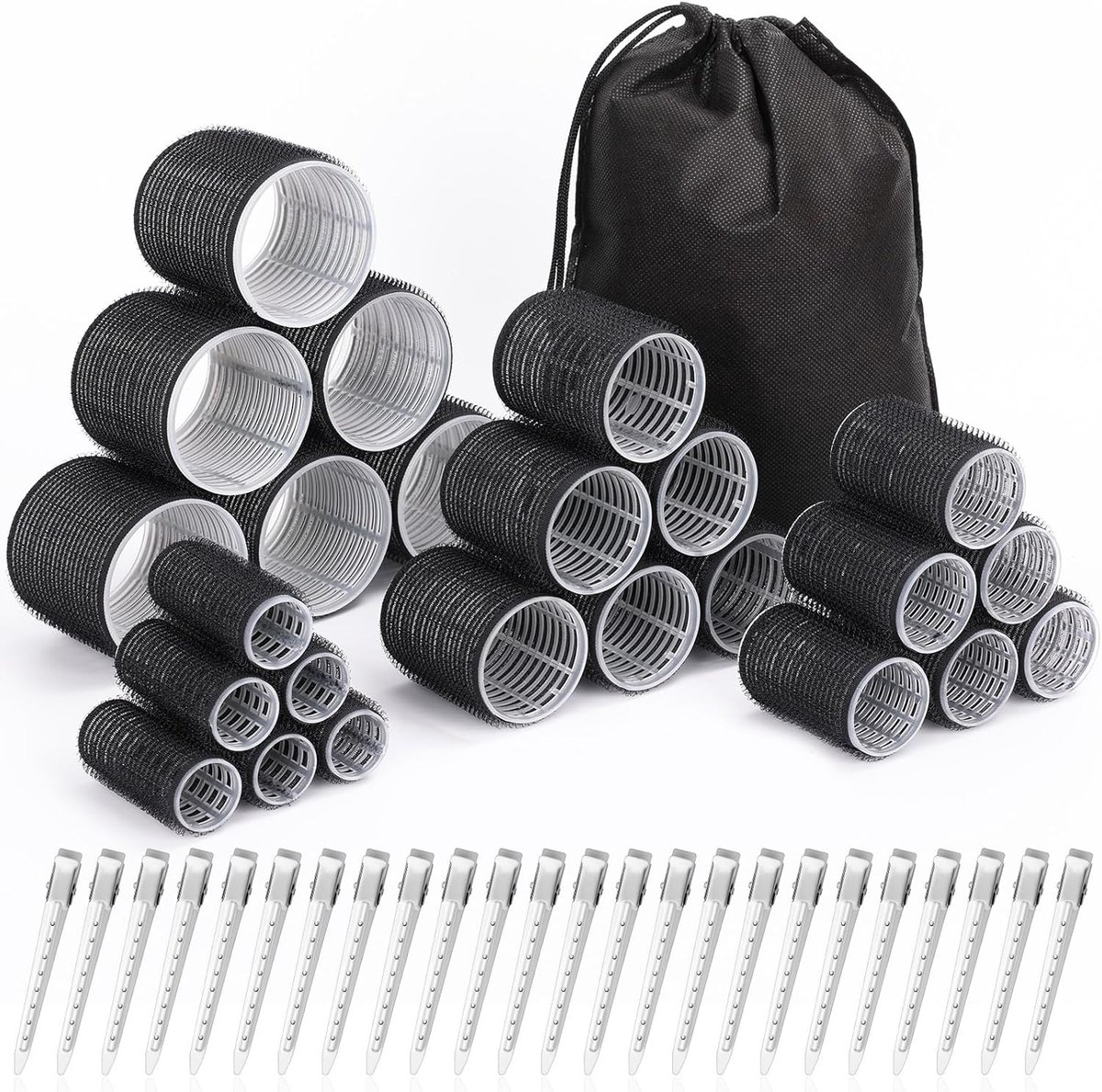Krultangen - 24 stuks haarwellingen (6 jumbo, 6 grote, 6 medium, 6 kleine) en 24 klemmen voor alle haarlengtes (zwart)
