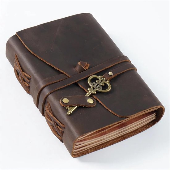Vintage Leer Dagboek met Sleutel - Vintage Reizen Notitieboek - Leer Gebonden Dagboek en Schetsboek - Retro Leer Handgemaakt - 300 Bladjes Leeg Papier - Ideaal Cadeau - 18x13cm - Donkerbruin