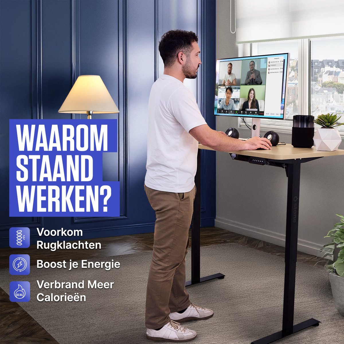 Stane Zit Sta Bureau Elektrisch Verstelbaar - 4 Geheugen Standen - Incl. Kabelgoot - 140 x 60 cm - Eiken