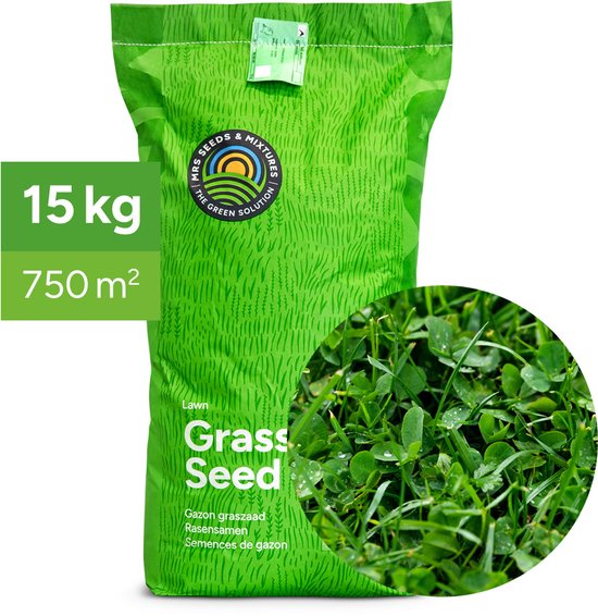 MRS Graszaad met microklaver - 15 kg voor 750 m² - Jaarrond groen gazon - Minder meststof nodig - Bestand tegen droogte en intensieve betreding - Geschikt voor schaduw en zon