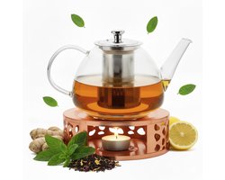 Vaja Glazen Theepot Fay 1.4Liter met Filter en Warmhouder - Theepot Glas voor Losse Thee en Theebloemen - Tea Maker - Theelicht houder voor Theekan met Zeef - Infuser - Warmer - Rose