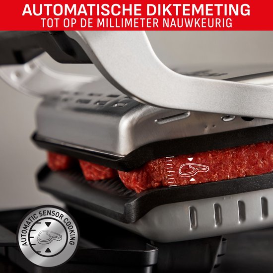 Close-up van Tefal contactgrill die de dikte van rauw vlees meet met automatische sensor.
