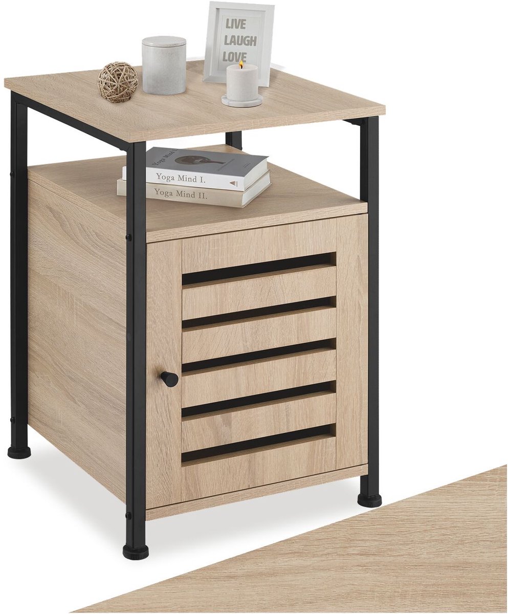 tectake® Bijzetkast - Bijzettafel met kast en open plank - Nachtkastje in industrieel design - Voor woonkamer, slaapkamer, kantoor, hal - Eenvoudige montage - Zwart metalen frame - Afmeting (LxBxH) 40,5 x 40,5 x 60,5 cm - Lichtbruin
