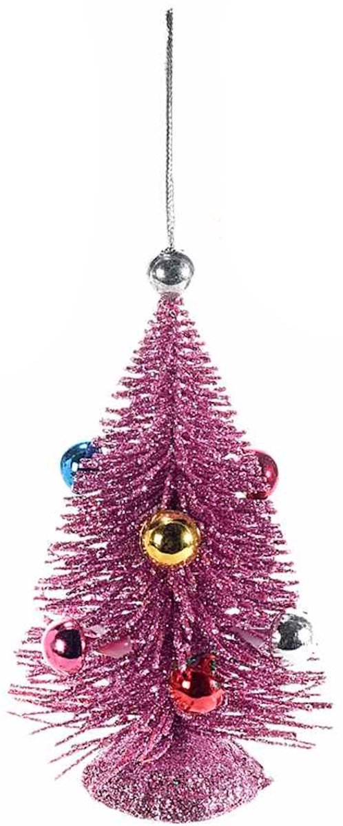 Kerstboom met Glitter en Kerstballen Roze - Kerstornament - Ø 6 x 11 cm