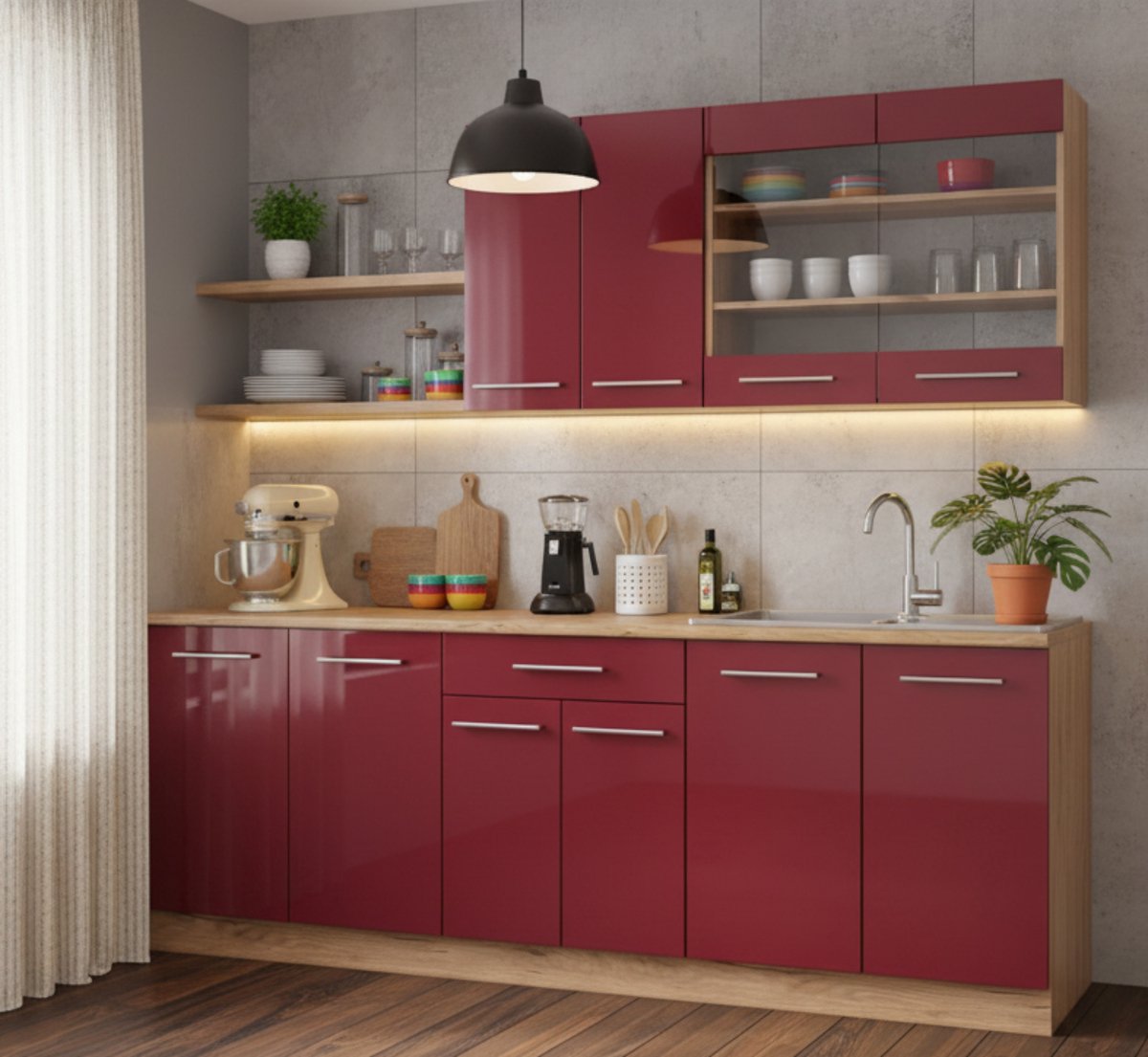 Singlekeuken 140 cm Zonder Werkblad – Bordeaux Hoogglans / Goud Eiken – Luxe Mini Keukenblok met Soft-Close Deuren & Premium MDF Fronten – Moderne Compacte Keuken – 140x52x82 cm – Novihome