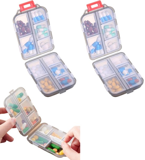 2 pièces - Boîte à pilules de voyage - Organiseur de pilules de voyage - 10 compartiments - Compact et portable - Durable - Pour les pilules, suppléments - Gris - 96 x 64 x 31 mm - Parfait pour les voyages ou l'usage quotidien