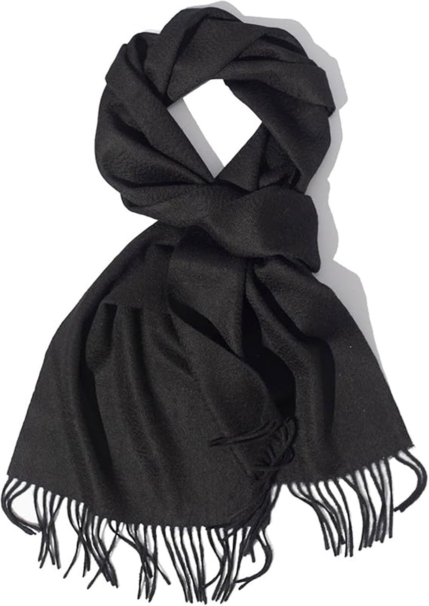 Wol Cashmere Sjaal - 200x70cm - Effen Kleur Zwart - Herfst Winter - Dames Heren