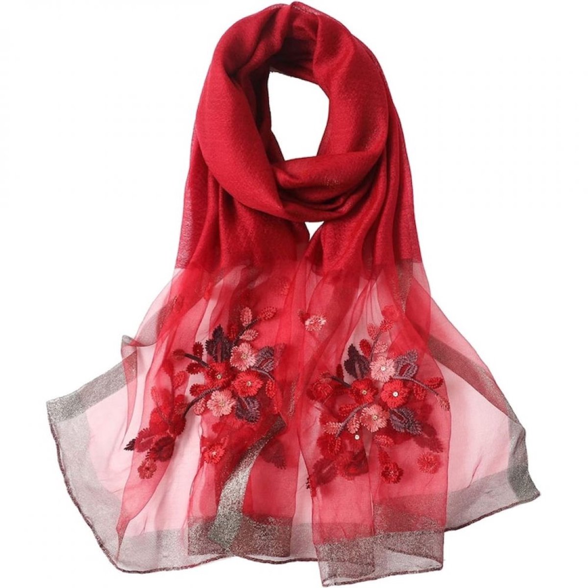 Zijde Sjaal - 190x70cm - Geborduurde Pashmina - Lichtgewicht - Bruiloft Dames - Rood
