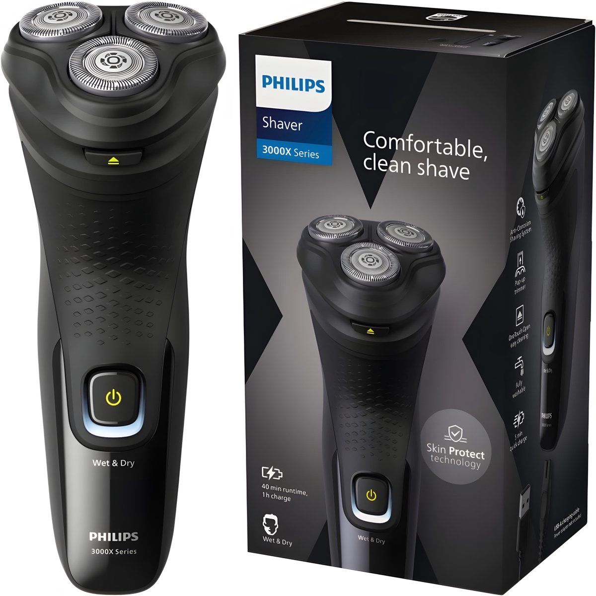 Philips Shaver 3000X Series Elektrisch scheerapparaat voor nat en droog scheren biedt u een comfortabele, schone scheerbeurt en een goede prijs-kwaliteitverhouding. 27 zelfslijpende PowerCut-mesjes, nat en droog gebruik en een pop-up trimmer maken het sch