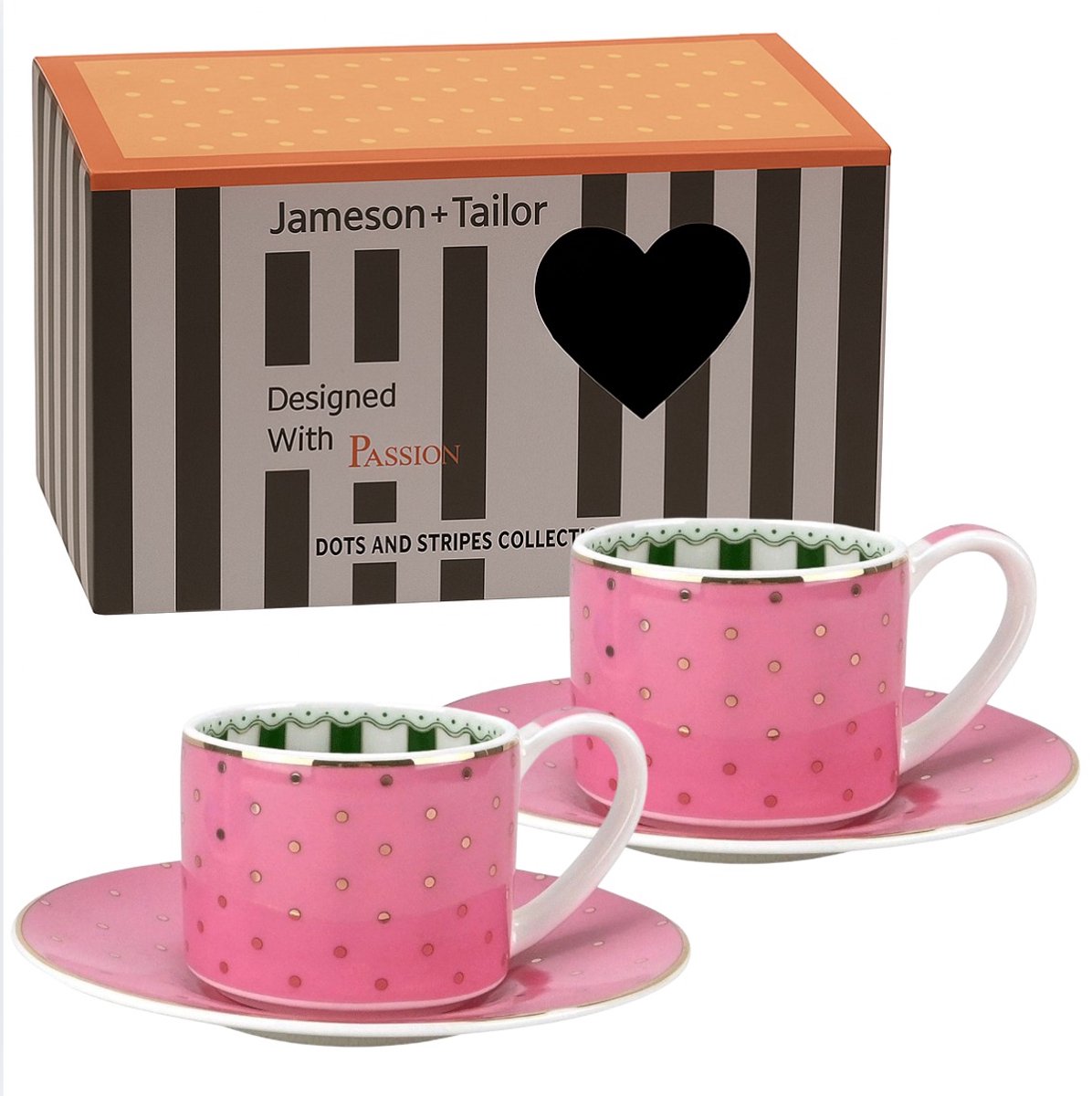 2x Stijlvol Koffie / Thee Kopjes met Schotel 90ml – Roze met Gouden Stippen – Luxe Cadeau – Perfect voor Espresso & Cappuccino