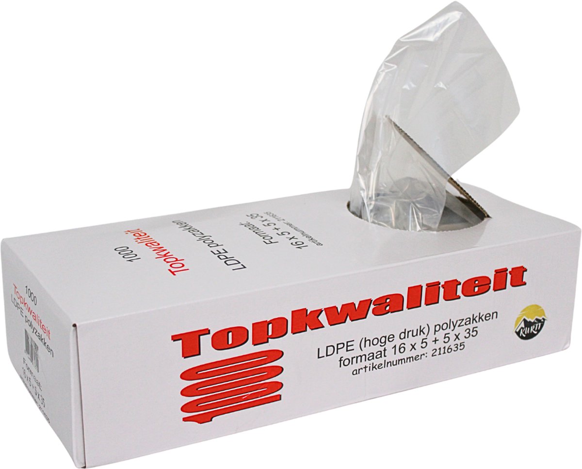 KURTT - LDPE Polyzakjes 16+5x5x35 - 1000 stuks - bewaarzakjes - boterhamzakjes plastic - A Kwaliteit