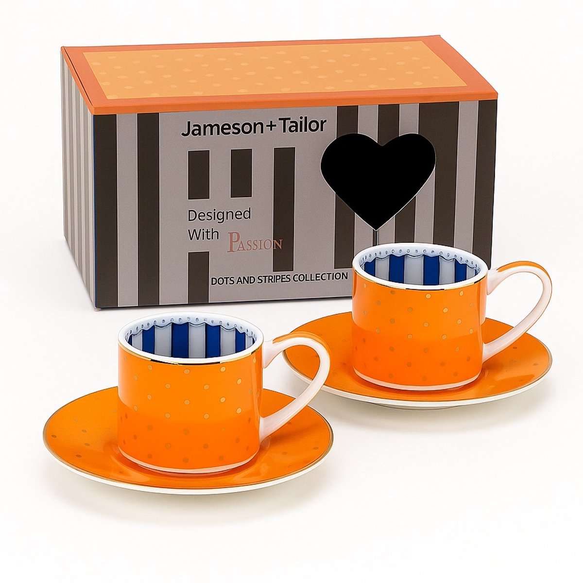 2x Stijlvol Koffie / Thee Kopjes met Schotel 90ml – Oranje met Gouden Stippen – Luxe Cadeau – Perfect voor Espresso & Cappuccino