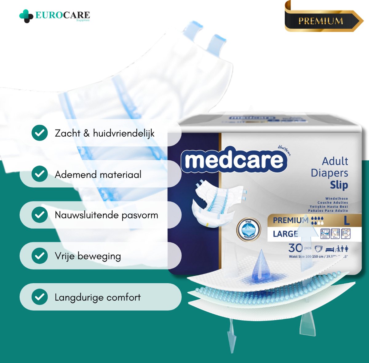 30 Stuks – Medcare Incontinentie Luiers Premium+ – Maat L – 2100+ ml absorptie – Wegwerpluiers voor matige tot zware incontinentie – Comfortabel & huidvriendelijk – Dag & nacht bescherming