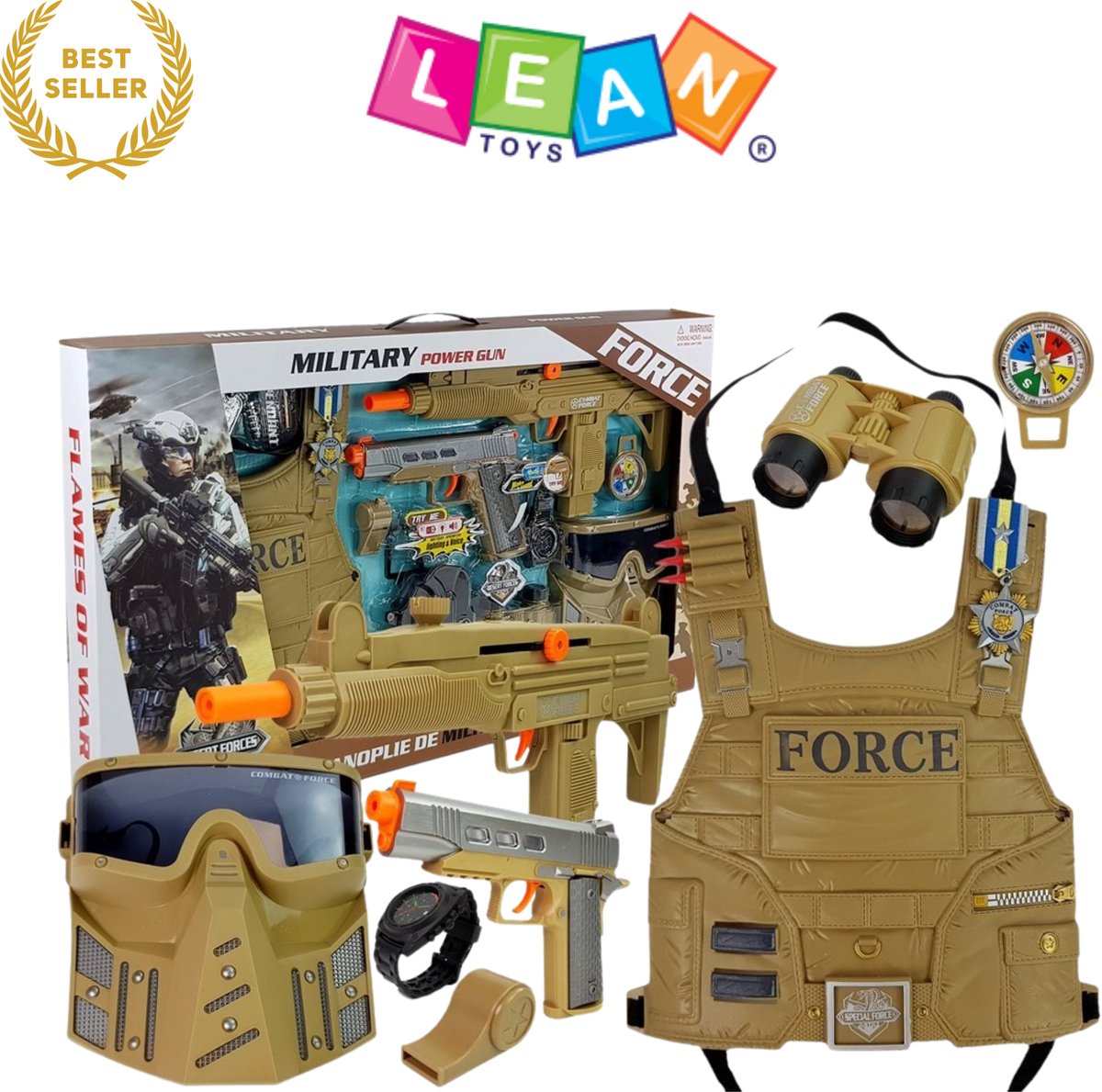Battle Force Military Speelset voor Kinderen – Leger Speelgoed met Masker, Wapens, Kogelvrij Vest, Kompas, Verrekijker, Horloge & Badge – Realistisch Soldaten Accessoirepakket voor Rollenspel, Verkleden & Carnaval – Met Ebook