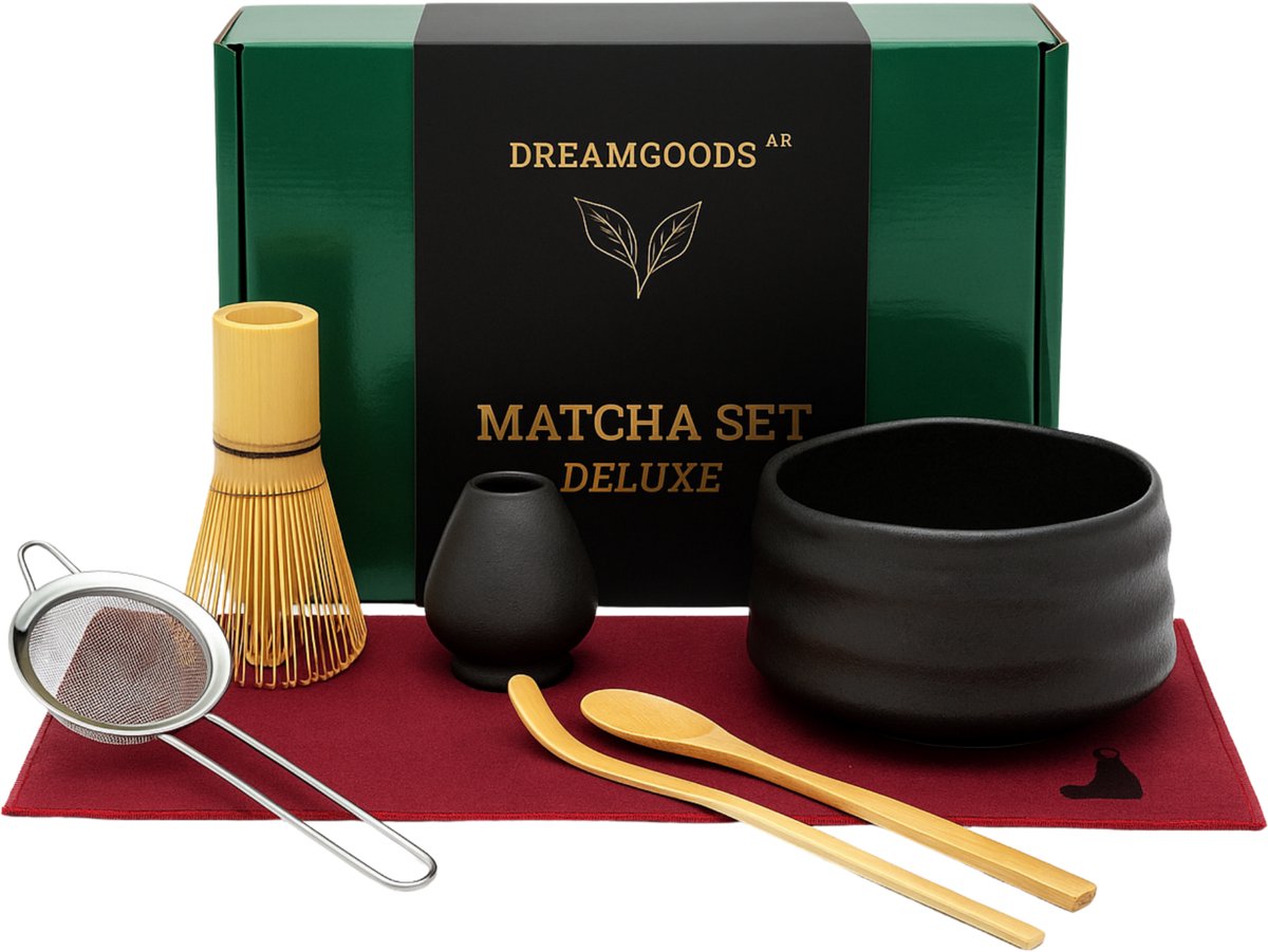 DreamGoods Deluxe Matcha Set – Compleet 7-delig – Traditionele Japanse Theeset – Handgemaakte Keramische Kom – Bamboe Whisk – met Houder - Zeef, Klopper & Accessoires – Inclusief Rode Mat - Roze - Complete Starterskit - Zwarte Matcha set