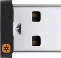 Zwarte Logitech Unifying USB-ontvanger met oranje ster-logo.