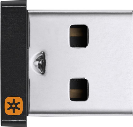Zwarte Logitech Unifying USB-ontvanger met oranje ster-logo.