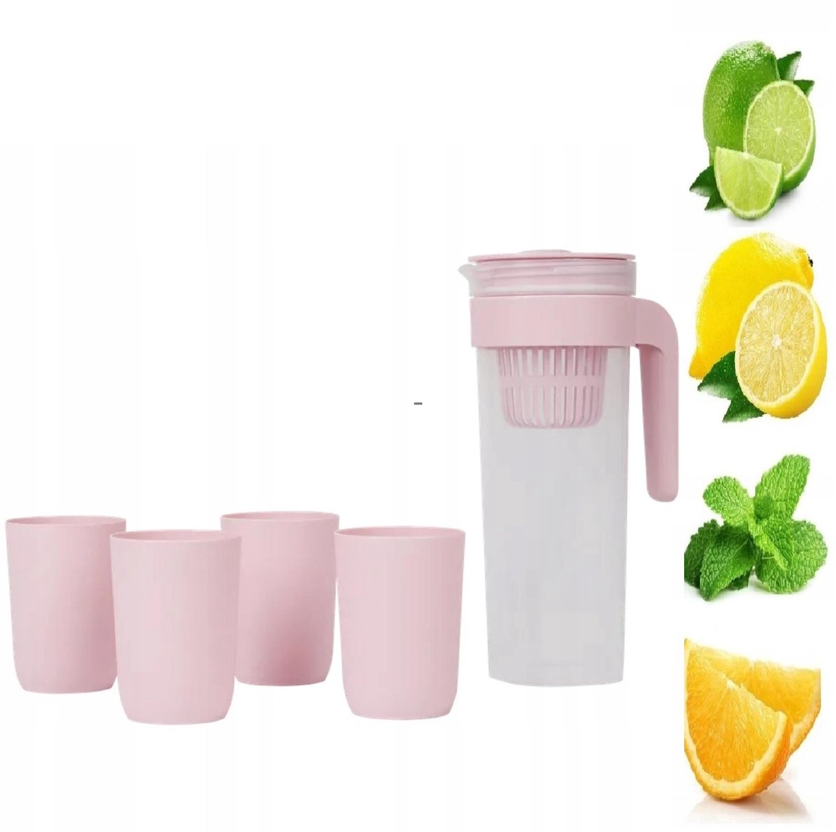 Gekleurde Drinkkan met Vruchteninfuser & 4 Bekers - 1L