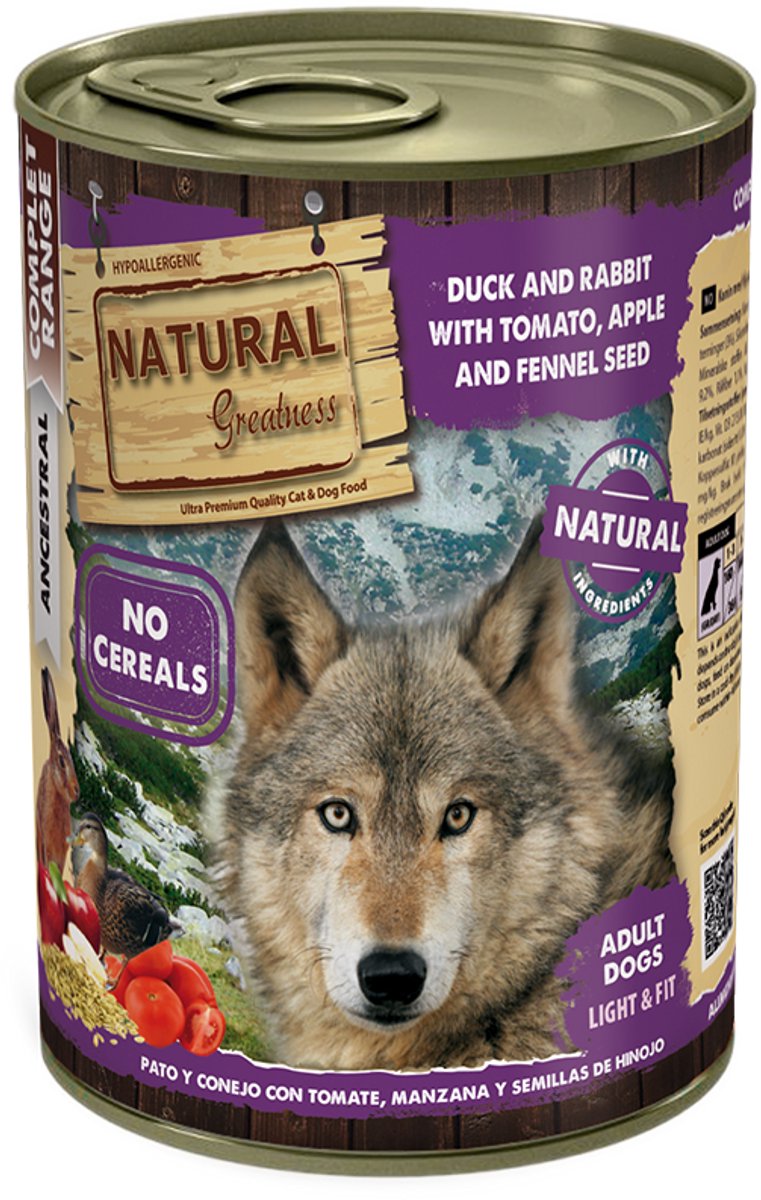 Natural greatness Natural Greatness - Dog - Wet - Complete - Duck And Rabbit With Tomat, Apple And Fenel - 12 X 400 Gr