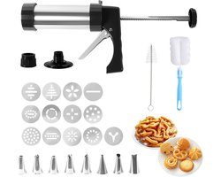 Spuitzak met Spuitmondjes - Rvs Koekjespers Set, Churros Maker Machine, Cookie Press Gun Kit met 13 Koekjesdisc, 8 Spuitmonden en 2 Schoonmaakborstels voor DIY Biscuit en Taartdecoratie