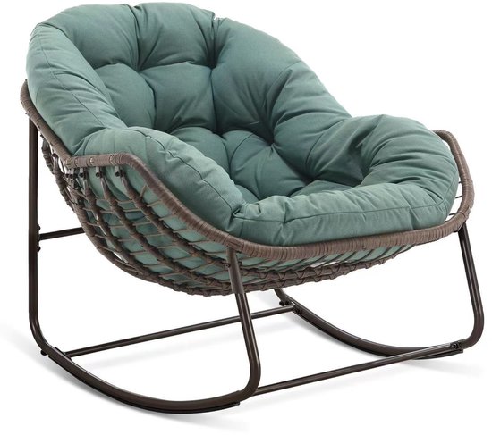 Fauteuil berceau d'extérieur en rotin 94,5 × 111 × Cm, idéal pour le Jardin ou le porche. Revêtement en velours vert et polyester tricoté avec Coussins rembourrés. Convient pour le Jardin, la terrasse, le porche ou le salon.