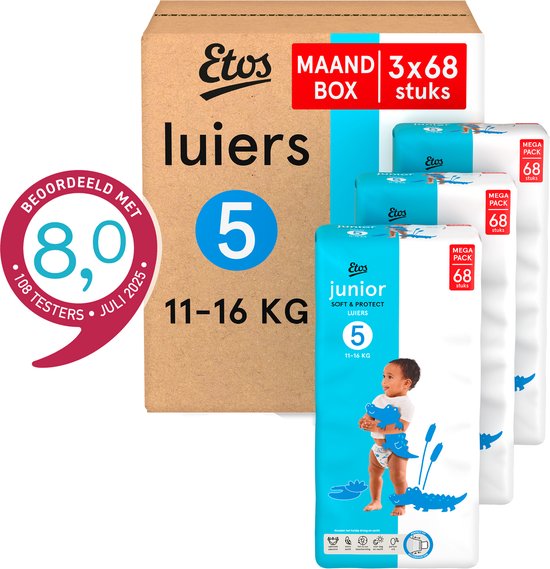 Etos Luiers Maat 5 - 11 tot 16kg - Maandbox - 204 stuks