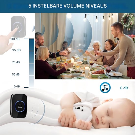 Draadloze deurbelset zwart IP44 waterbestendig, groot bereik en instelbaar volume, eenvoudig te installeren voor binnen, voordeur en tuin — afbeelding 2