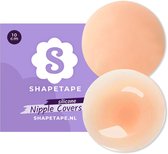 Twee huidkleurige, ronde siliconen tepelhoesjes van Shapetape, 10 cm. Verpakt met paarse kaart met logo en tekst.