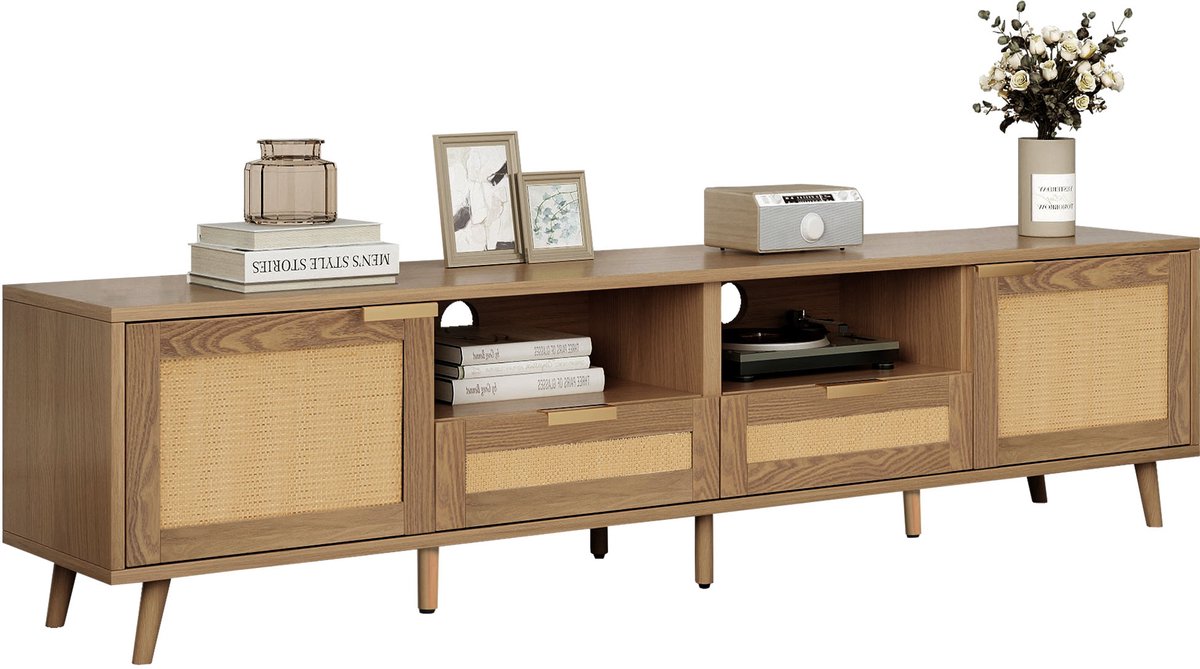 Tv-meubel 200x37x49 cm - tv-meubel met plastic rotan ontwerp - met massief houten poten - rotan tv-paneel