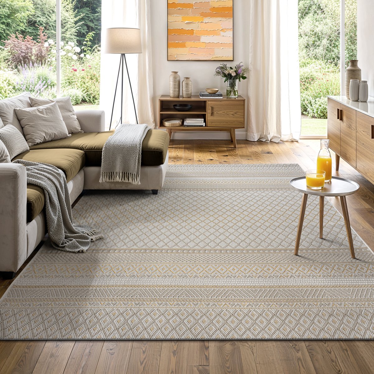 the carpet Calgary - robuust buitenkleed, modern, weerbestendig & UV-bestendig, geschikt voor balkon, terras en serre, Boho- en Vintage-ontwerp, beige, 140 x 200 cm