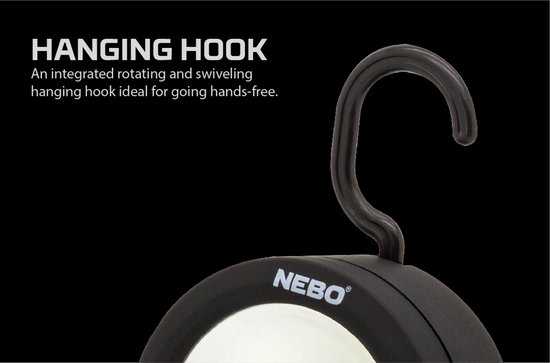 Close-up van een zwarte Nebo werklamp met een draaibare ophanghaak.