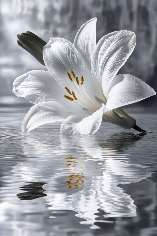 K&C Art (Glasschilderij) 40x60cm | Lelie met water - plant - grijs - wit - groen - geel - artistiek - modern - kunst | Woonkamer - slaapkamer - hal - kantoor | Foto schilderij print op acrylglas - wanddecoratie - muurdecoratie - wall art